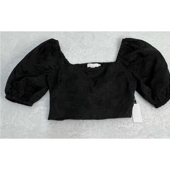 ASTR The Label Tassia Jacquard Puff Sleeve Tie Back Black Top SZ L NWT Romantic - Picture 14 of 14